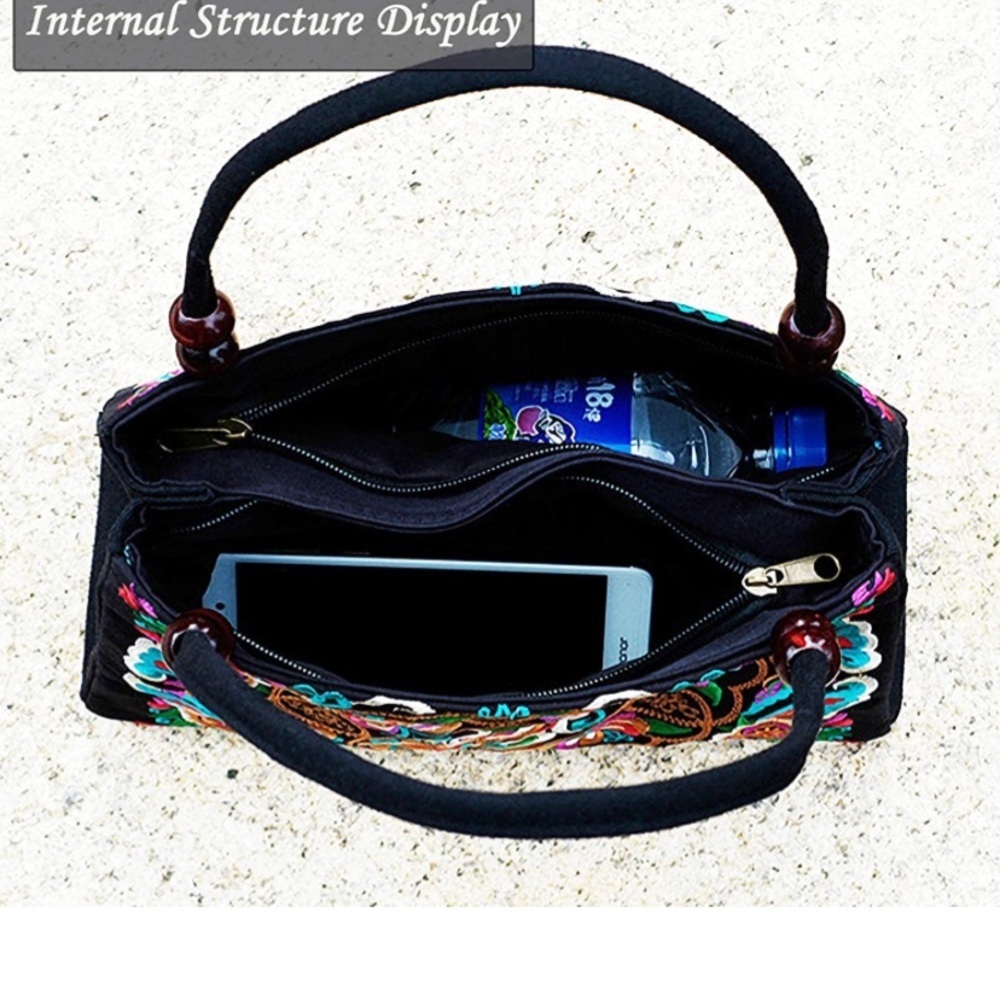 Stylish Floral Embroidered Handbag, Trendy Zipper Canvas Purses.​​ - Picture 2 of 5